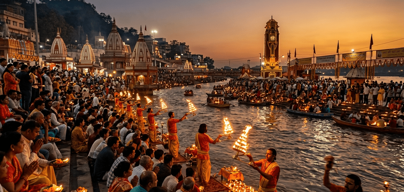 People gathered at Har Ki Pauri ghat for Ganga Aarti